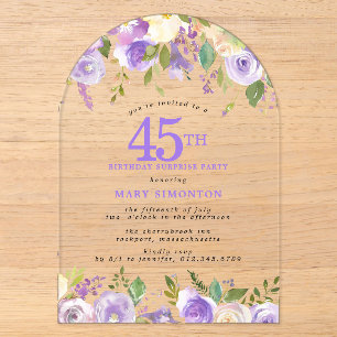 SURPRISE PARTY 45th Birthday Purple Floral Clear Acrylic Invitations