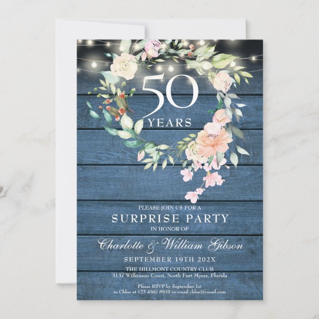 Surprise Party 50th Anniversary Rustic Floral Invitation (Front)