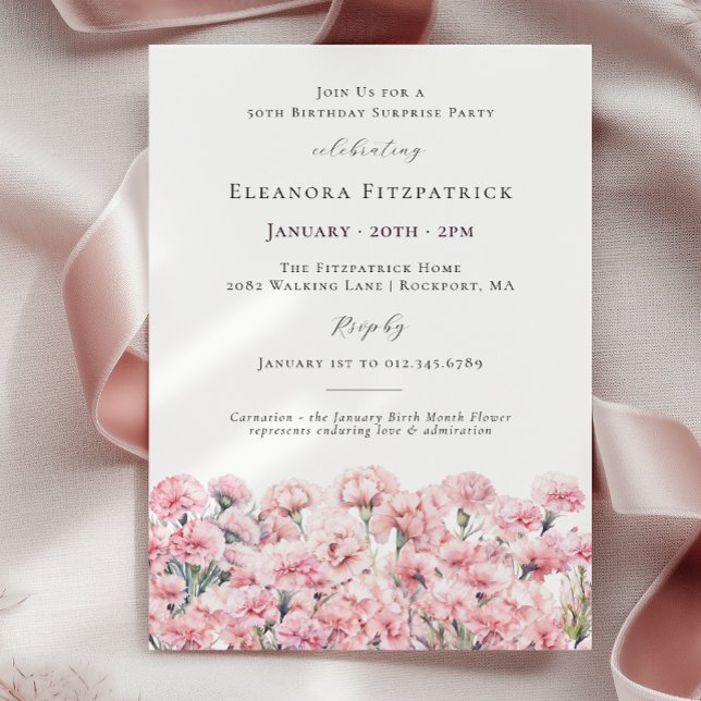 SURPRISE PARTY 50th Birthday Pink Carnation Floral Invitation (Creator Uploaded)