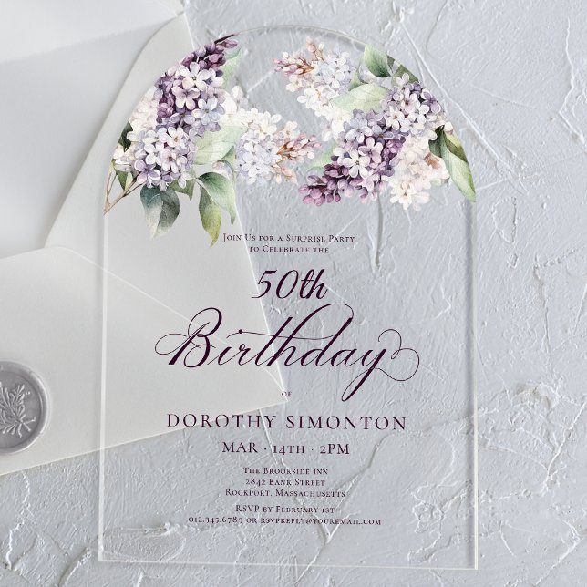 SURPRISE PARTY 50th Birthday Purple Floral Arch Acrylic Invitations (Creator Uploaded)
