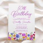 SURPRISE PARTY 50TH Birthday Purple Wildflower Invitation<br><div class="desc">A pretty wildflower border decorates the bottom of this adult 50th birthday surprise party invitation. Purple, blue, yellow and orange flowers create a colourful and happy design to celebrate this milestone birthday. Modern and simple purple calligraphy adds a trendy touch to keep it fresh. The open and carefree lettering flow...</div>