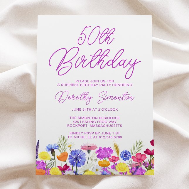 SURPRISE PARTY 50TH Birthday Purple Wildflower Invitation (Creator Uploaded)