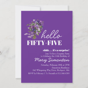 SURPRISE PARTY 55th Birthday Purple Floral Bouquet Invitation