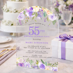 SURPRISE PARTY 55th Birthday Purple Floral Clear Acrylic Invitations