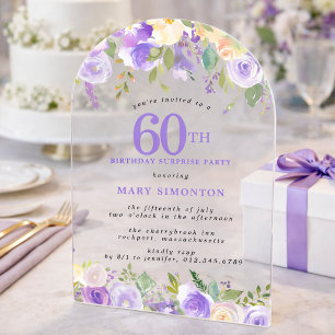 SURPRISE PARTY 60th Birthday Purple Floral Clear Acrylic Invitations
