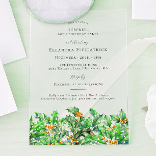 SURPRISE PARTY 60th Holly December Birth Flower Acrylic Invitations