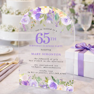 SURPRISE PARTY 65th Birthday Purple Floral Clear Acrylic Invitations