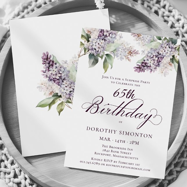  SURPRISE PARTY 65th Birthday Purple Lilac Floral Invitation (Creator Uploaded)