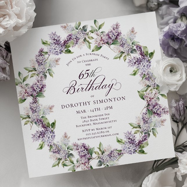 SURPRISE PARTY 65th Birthday Purple Lilac Floral Invitation (Creator Uploaded)
