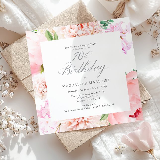 SURPRISE PARTY 70th Birthday Pink Floral Square Invitation (Creator Uploaded)