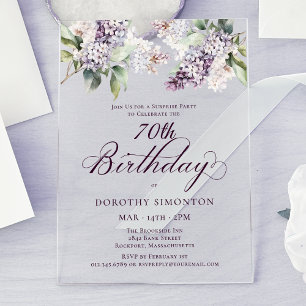 SURPRISE PARTY 70th Birthday Purple Lilac Floral Acrylic Invitations