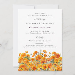 SURPRISE PARTY 70th Marigold October Birth Flower Invitation
