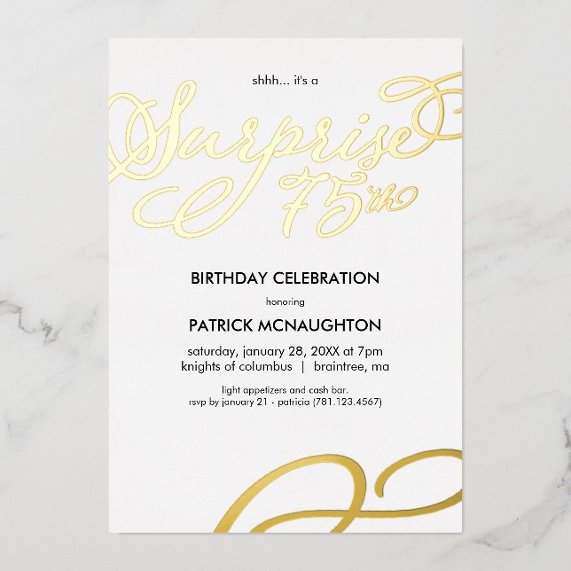 Surprise Party 75th Birthday Gold Foil Invitation (Front)