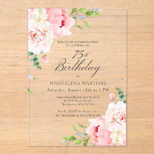 SURPRISE PARTY 75th Birthday Pink Peony Floral Acr Acrylic Invitations
