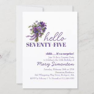 SURPRISE PARTY 75th Birthday Purple Floral Bouquet Invitation