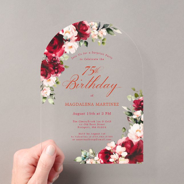 SURPRISE PARTY 75th Birthday Red Pink Floral Arch Acrylic Invitations (Insitu (Handheld))