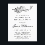 SURPRISE Party 80th Birthday Golf Theme Invitation Postcard<br><div class="desc">Elegant black and white birthday invitation for a golfer. The top of the invitation is decorated with golf accessories - a golf club, golf ball, hat and gloves. The watercolor design creates a traditional and classic aesthetic. Perfect for a birthday bash at the club or a backyard BBQ. All of...</div>