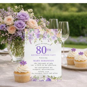SURPRISE PARTY 80th Birthday Pretty Purple Floral Invitation