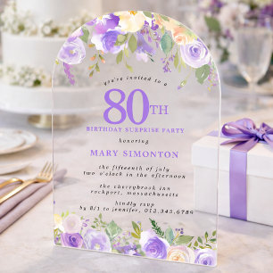 SURPRISE PARTY 80th Birthday Purple Floral Clear Acrylic Invitations