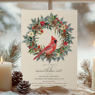 SURPRISE PARTY 80th Birthday Red Cardinal Wreath Invitation