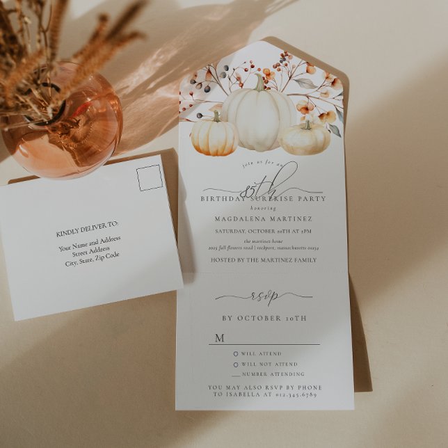 SURPRISE PARTY 85th Birthday Pumpkin Fall Leaves All In One Invitation (Creator Uploaded)