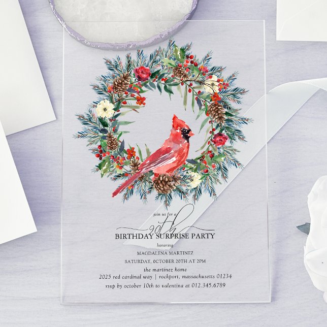 SURPRISE PARTY 90th Birthday Cardinal Wreath Acrylic Invitations (Creator Uploaded)