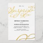 Surprise Party 90th Birthday Gold Foil Invitation<br><div class="desc">This modern and elegant surprise 90th birthday party invitation features the words "surprise 90th" in gold foil script font with a matching swirling design in the bottom right corner. Customize this trendy invite with the name and party info.</div>