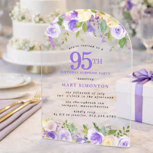 SURPRISE PARTY 95th Birthday Purple Floral Clear Acrylic Invitations
