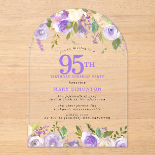 SURPRISE PARTY 95th Birthday Purple Floral Clear Acrylic Invitations