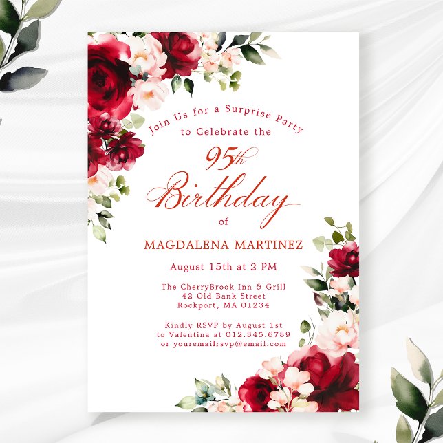 SURPRISE PARTY 95th Birthday Red Pink Floral Invitation (Creator Uploaded)