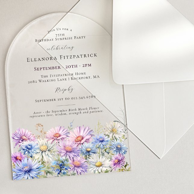 SURPRISE PARTY ARCH 75 September Birth Flower Acrylic Invitations (Creator Uploaded)