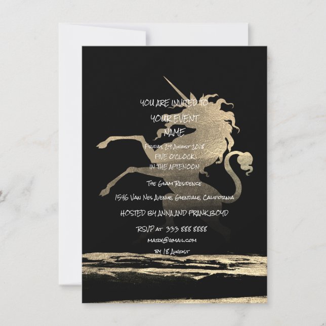 Surprise  Party Black Golden Brushes Unicorn Invitation (Front)