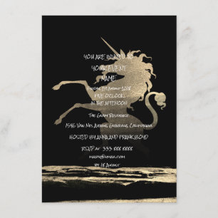 Surprise  Party Black Golden Brushes Unicorn Invitation