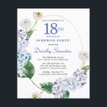 Surprise Party Budget 18th Birthday Invitation<br><div class="desc">Blue hydrangea flowers and blush roses decorate a gold oval frame. An open and airy modern botanical.</div>