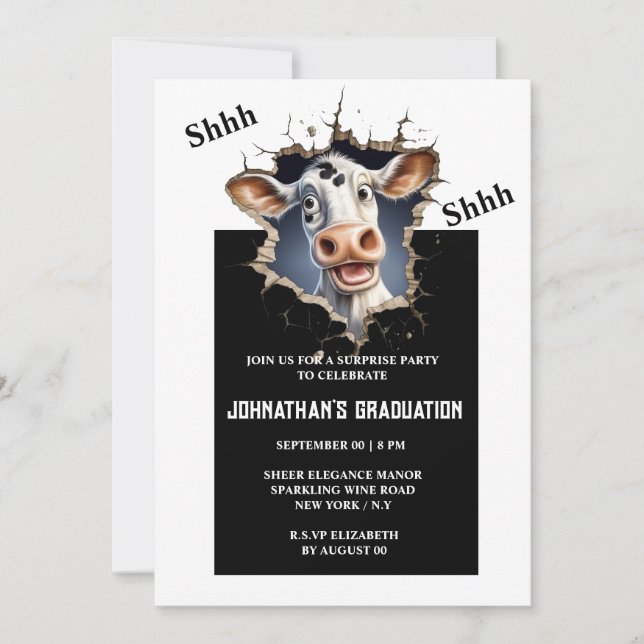 Surprise party | Funny cartoon cow with photo grad Invitation (Front)