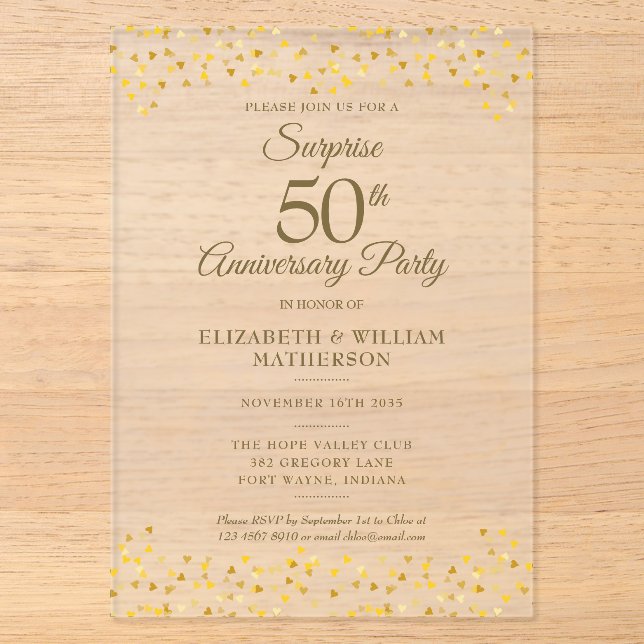 Surprise Party Golden 50th Wedding Anniversary Acrylic Invitations (Front)