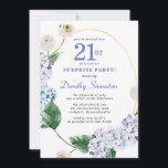 Surprise Party Hydrangea Rose 21st Birthday Invitation<br><div class="desc">Blue hydrangea flowers and blush rose florals decorate a gold oval frame. An open and airy modern botanical.</div>