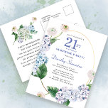 Surprise Party Hydrangea Rose 21st Birthday Postcard<br><div class="desc">Blue hydrangea flowers and blush rose florals decorate a gold oval frame. An open and airy modern botanical.</div>