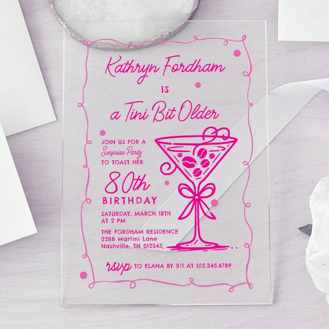 SURPRISE PARTY Pink Doodle Martini 80th Birthday Acrylic Invitations (Creator Uploaded)