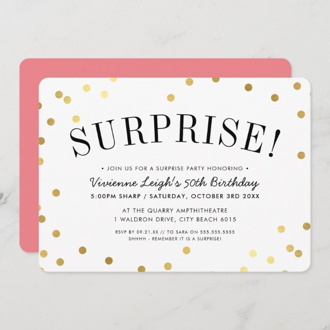 SURPRISE PARTY stylish gold confetti spots Invitation (Front/Back)