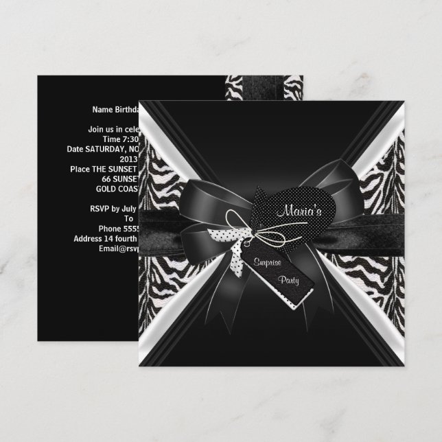 Surprise Party Zebra Black White Bow Invitation (Front/Back)