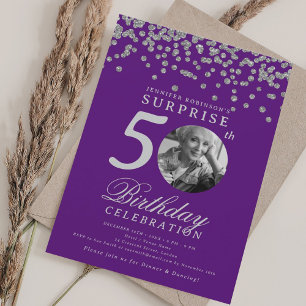 SURPRISE Photo 50 Birthday Silver Confetti Purple Invitation