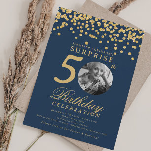 SURPRISE Photo 50th Birthday Gold Confetti Navy  Invitation