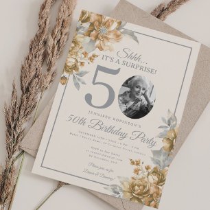 SURPRISE Photo 50th Birthday Gold Floral Beige  Invitation