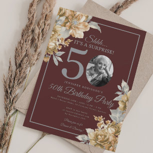 SURPRISE Photo 50th Birthday Gold Floral Burgundy  Invitation