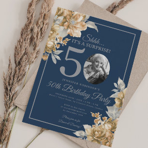 SURPRISE Photo 50th Birthday Gold Floral Navy Blue Invitation
