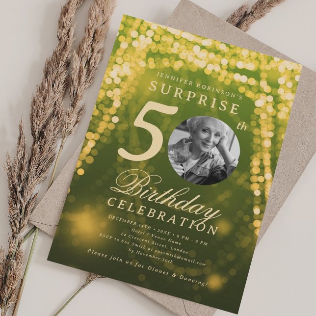 SURPRISE Photo 50th Birthday Gold Green Glam  Invitation (SURPRISE Photo 50th Birthday Gold Green Glam Invitation)