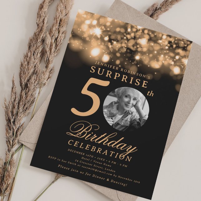 SURPRISE Photo 50th Birthday Gold Midnight Glam  Invitation (SURPRISE Photo 50th Birthday Gold Midnight Glam Invitation)