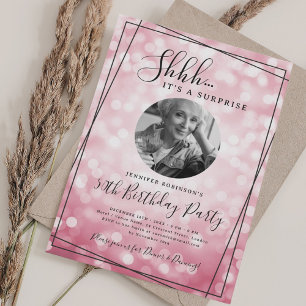 SURPRISE Photo 50th Birthday Hot Pink Bokeh Invitation