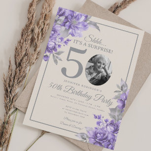 SURPRISE Photo 50th Birthday Purple Floral Beige  Invitation